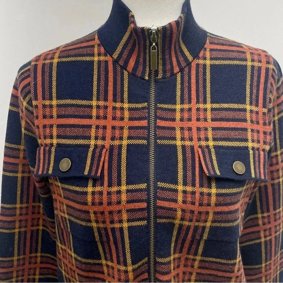 Rachel Zoe Plaid Zip Sweater Cardigan Jacket Knit Shacket. Orange & Navy. Medium - Picture 4 of 16